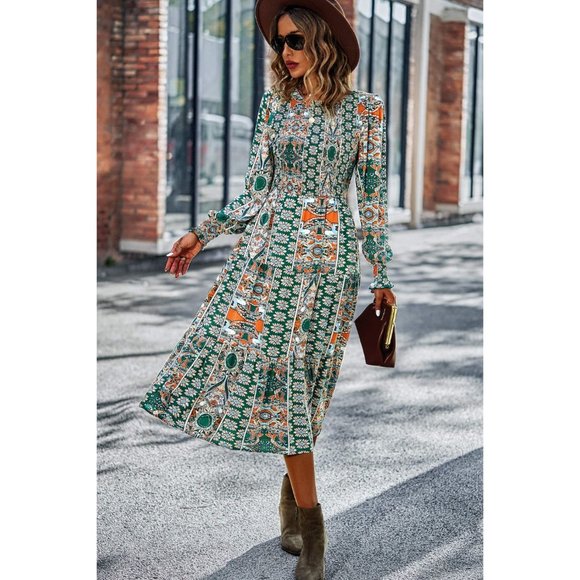 Patchwork Smocked Puff Sleeve Tiered Midi Dress - Picture 7 of 15